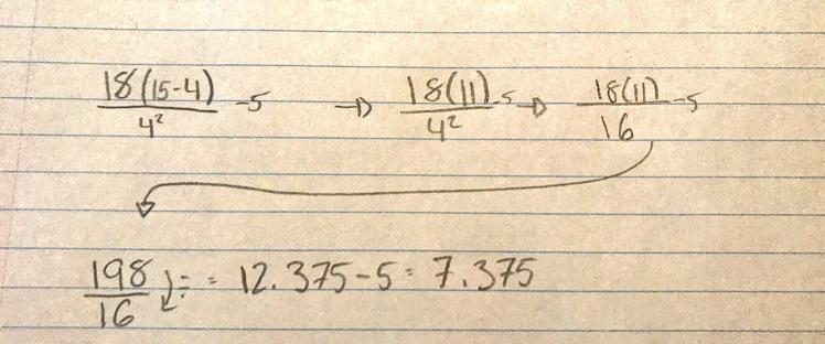 Find the value of the expression below.  18(15-4)/4^2-5 2 6 8 ​-example-1