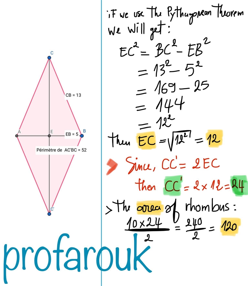 The perimeter of a rhombus is 52 cm and one of its diagonals is 10 cm. Find the length-example-1