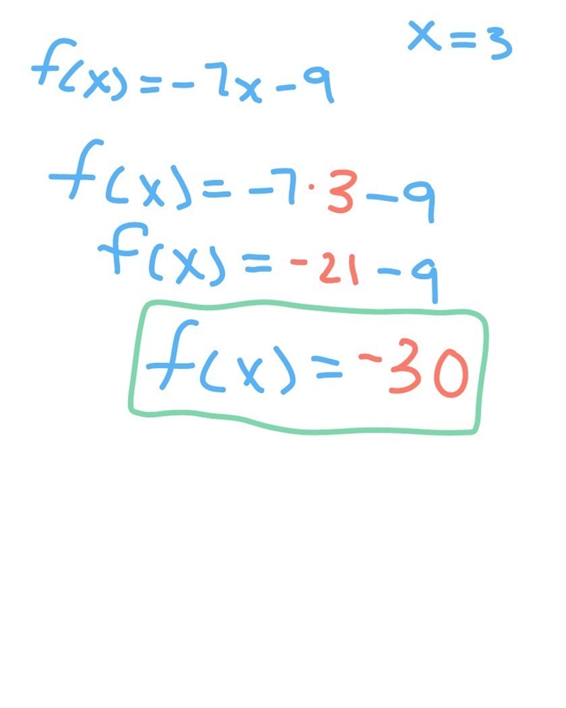 For f(x)=-7x- 9 find f(x) when x=3-example-1