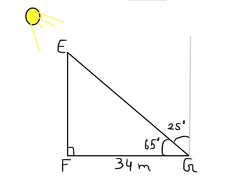 Use a trigonometric ratio to find the distance EF. A building casts a 34 m shadow-example-1