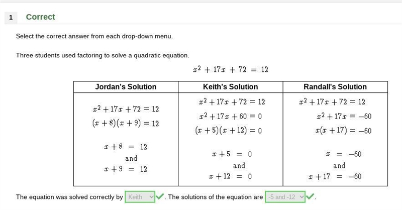 Three students used factoring to solve a quadratic equation. Jordan's Solution Keith-example-1