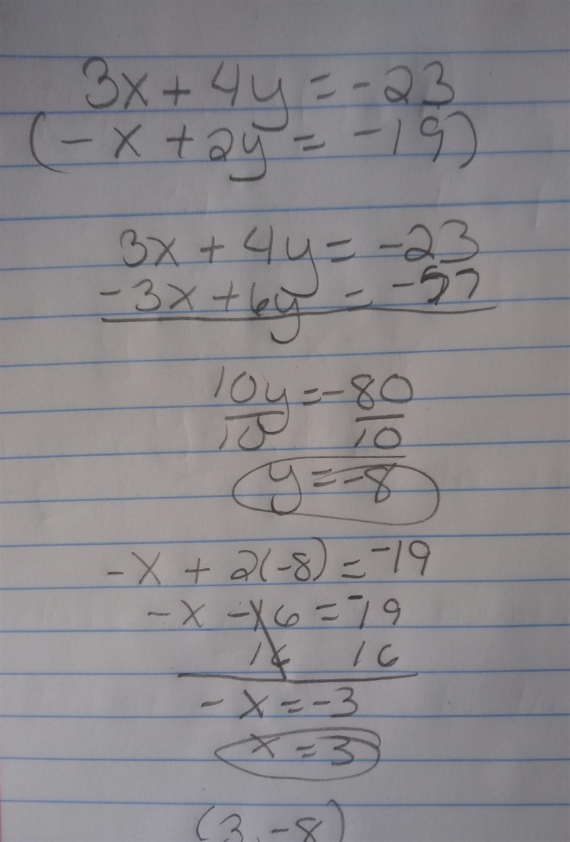 3x +4y = - 23 2y - x = - 19 What is the solution (x, y) to the system of the equations-example-1