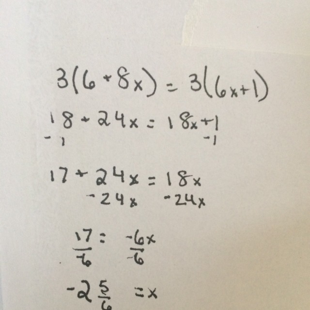 Solve for x in the following equation 3(6+8x)=3(6x+1)-example-1