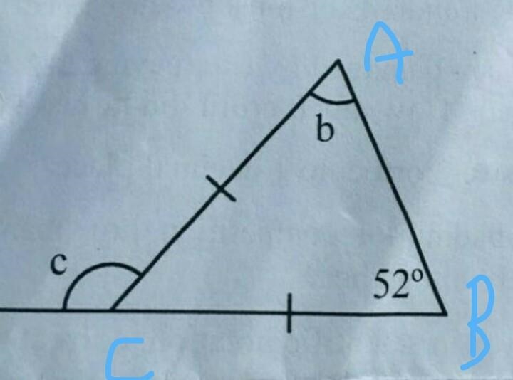 First angle in the triangle is 52 degrees Celsius and I need to find the outside and-example-1