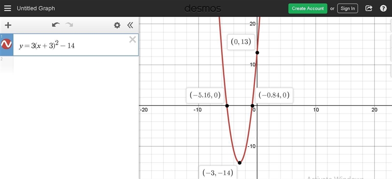 Find the x-intercepts of the parabola with vertex (-3,-14) and y-intercept (0,13). Write-example-1