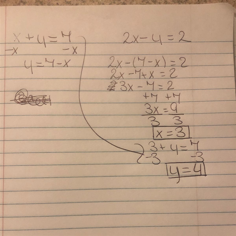 If x + y = 7 and 2x - y = 2, then y - ?-example-1