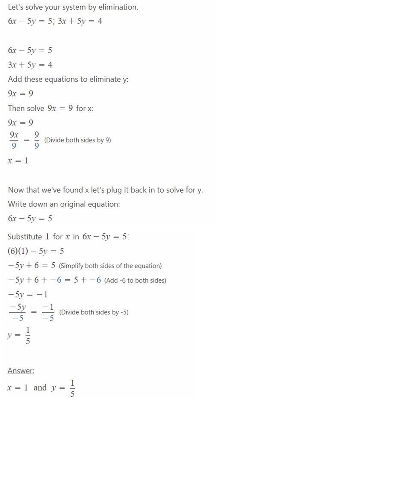 6x -5y=5. 3x+5y =4 The X coordinate Of the solution to this system of equations is-example-1