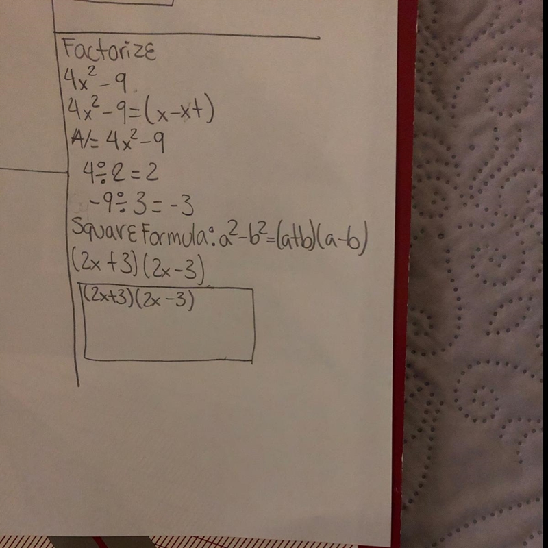 Complete the factorization of 4x2 – 9. 4x2-9= ( x- x+ )-example-1