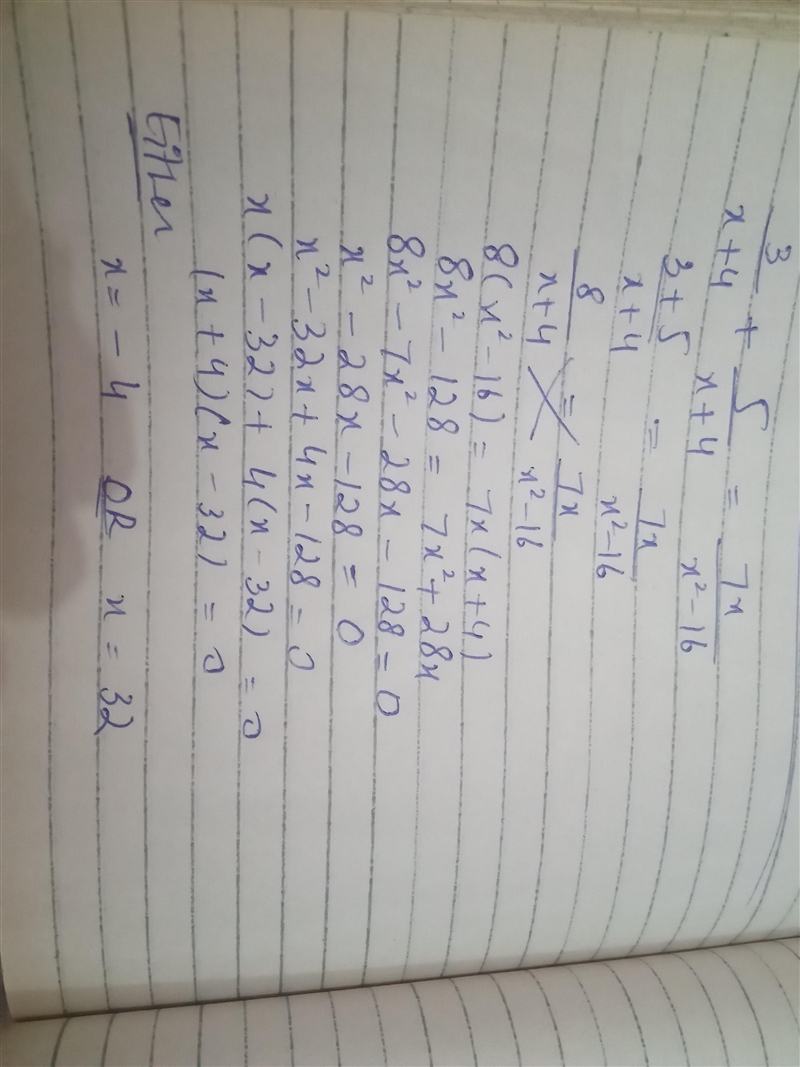 Solve the equation. (3)/(x-4)+(5)/(x+4)=(7x)/(x^2-16)-example-1