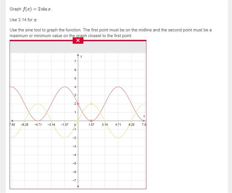 Graph ​ g(x)=2cosx ​. Use 3.14 for π . Use the sine tool to graph the function. Graph-example-1