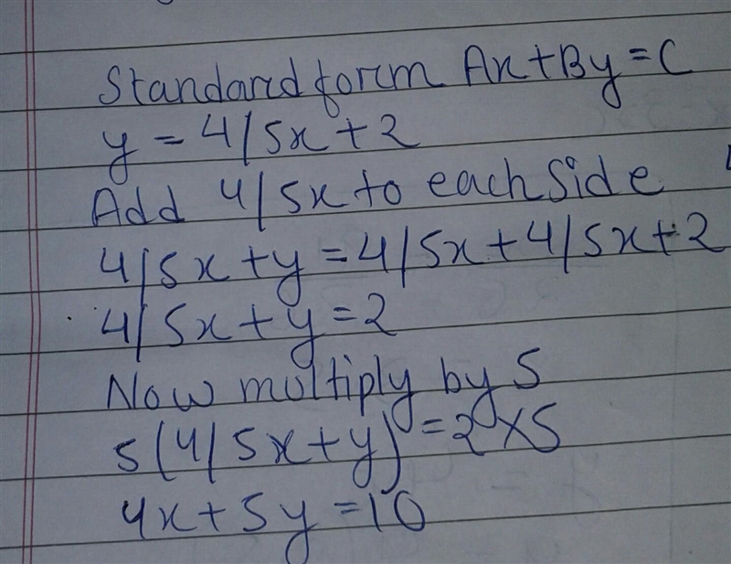 Put the equation in standard form y=-4/5x+2-example-1