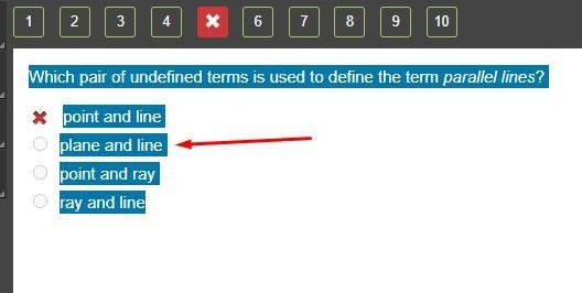 Quiz Active Which pair of undefined terms is used to define a ray? line and plane-example-1