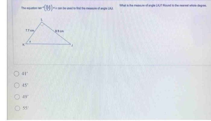 What is the measure of angle LKI? Round to the nearest whole degree. 41° 45° 49° 55°-example-1