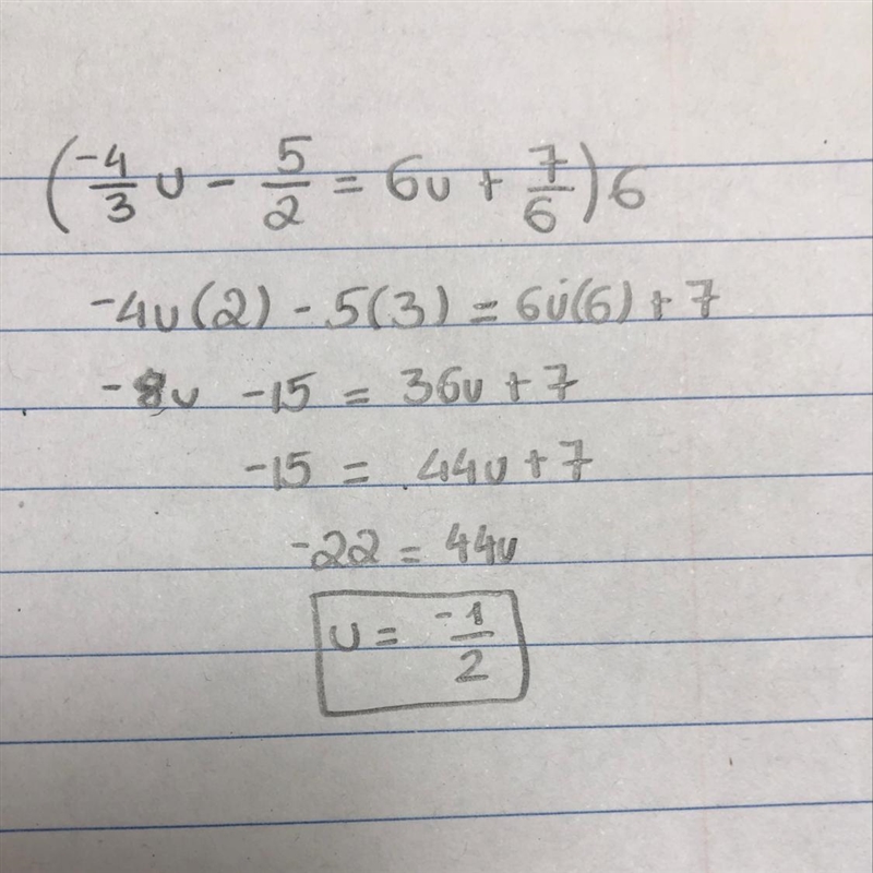 Solve for u. -4/3u-5/2=6u+7/6-example-1