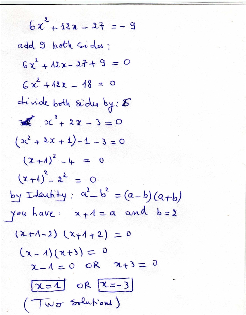 Solve each equation by completing the square 6x2+12x-27=-9-example-1