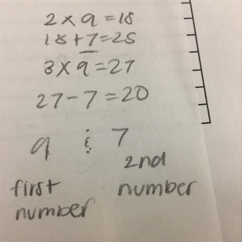 Two times a number added to another number is 25. Three times the first number minus-example-1