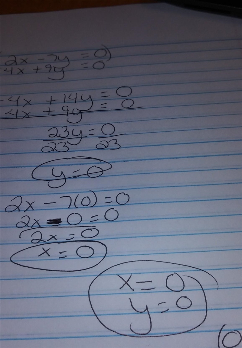 Elimination method 2x-7y=0 4x+9y=0-example-1