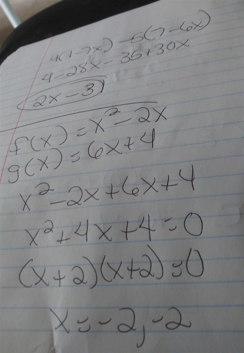 If f(x)= x^2-2x and g(x)=6x+4, for which value of x does (f+g)(x)=0-example-1