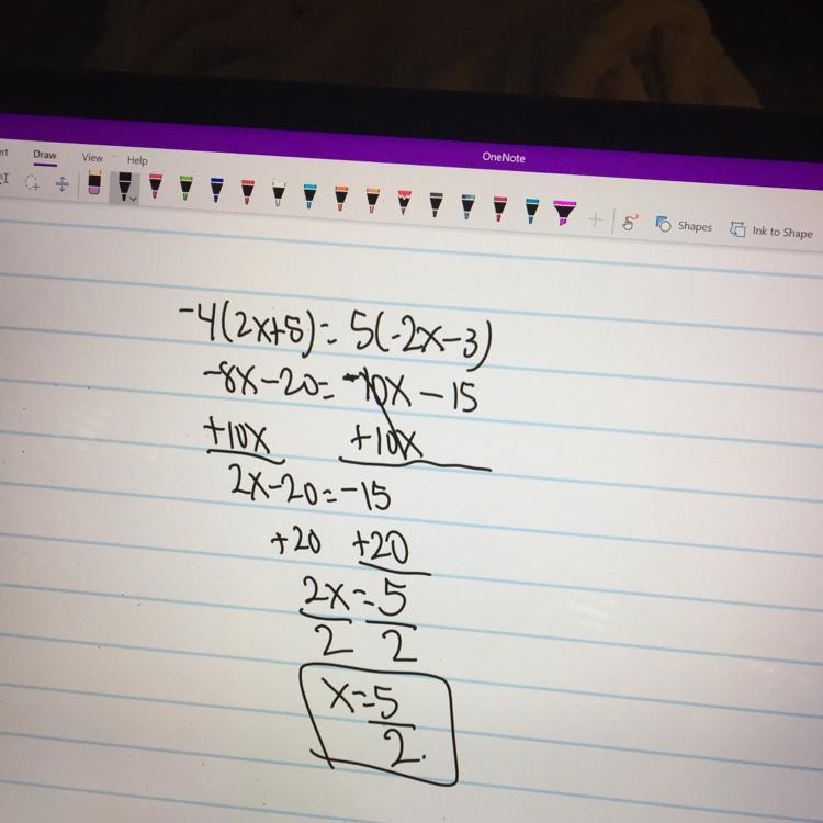 -4(2x+5)=5(-2x-3) lhs= rhs= answer pls-example-1