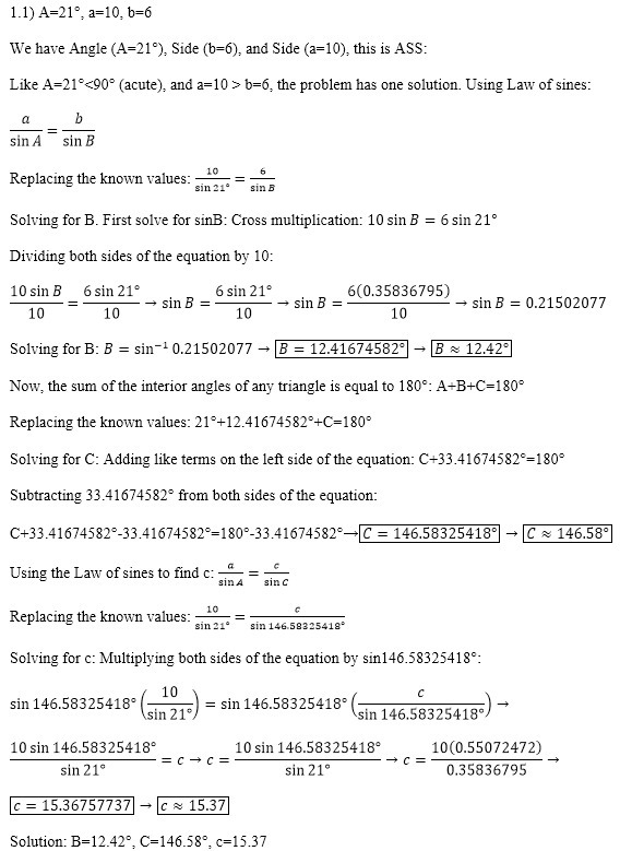 Solve the following triangles: A = 21 degrees a = 10 b = 6 A = 48 degrees a = 32 b-example-1