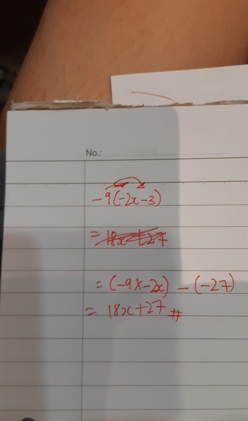 Apply the distributive property to simplify the expression. −9(−2x − 3) A) 18x + 27 B-example-1