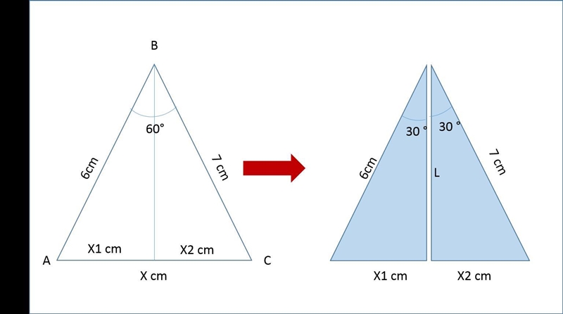 For triangle ABC with AB=6cm, BC=7cm and BAC=60◦, CA= x cm Please show me the process-example-1