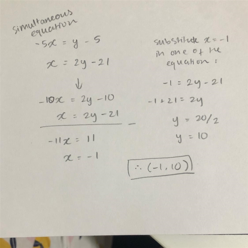 Solve the system of equations given below. -5x = y - 5 -2y = -x – 21 A (10,-45) B-example-1