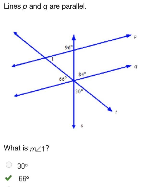 Lines p and q are parallel. What is m<1? 30 66 84 96-example-1