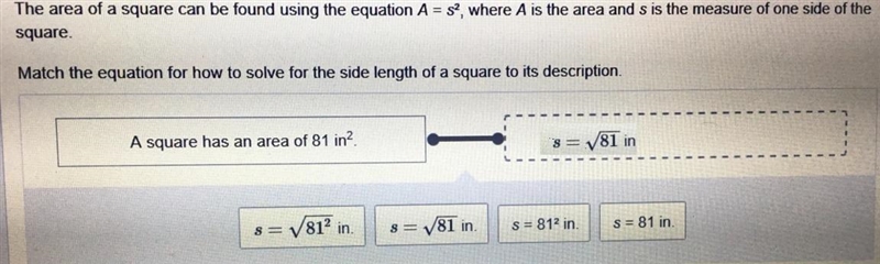 The area of a square can be found using the equation A= s2, where A is the area and-example-1