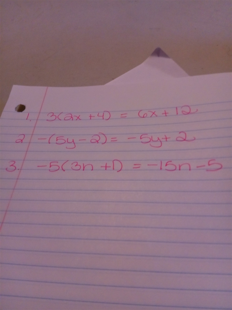 Simplify each expression (show your work) 1. 3(2x+4) 2.-(5y-2) 3. -5(3n+1)-example-1