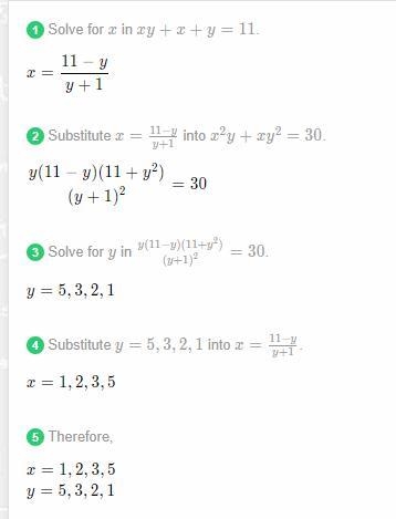 xy + x + y = 11 \\ x {}^(2)y + xy {}^(2) = 30 find x & y​-example-1