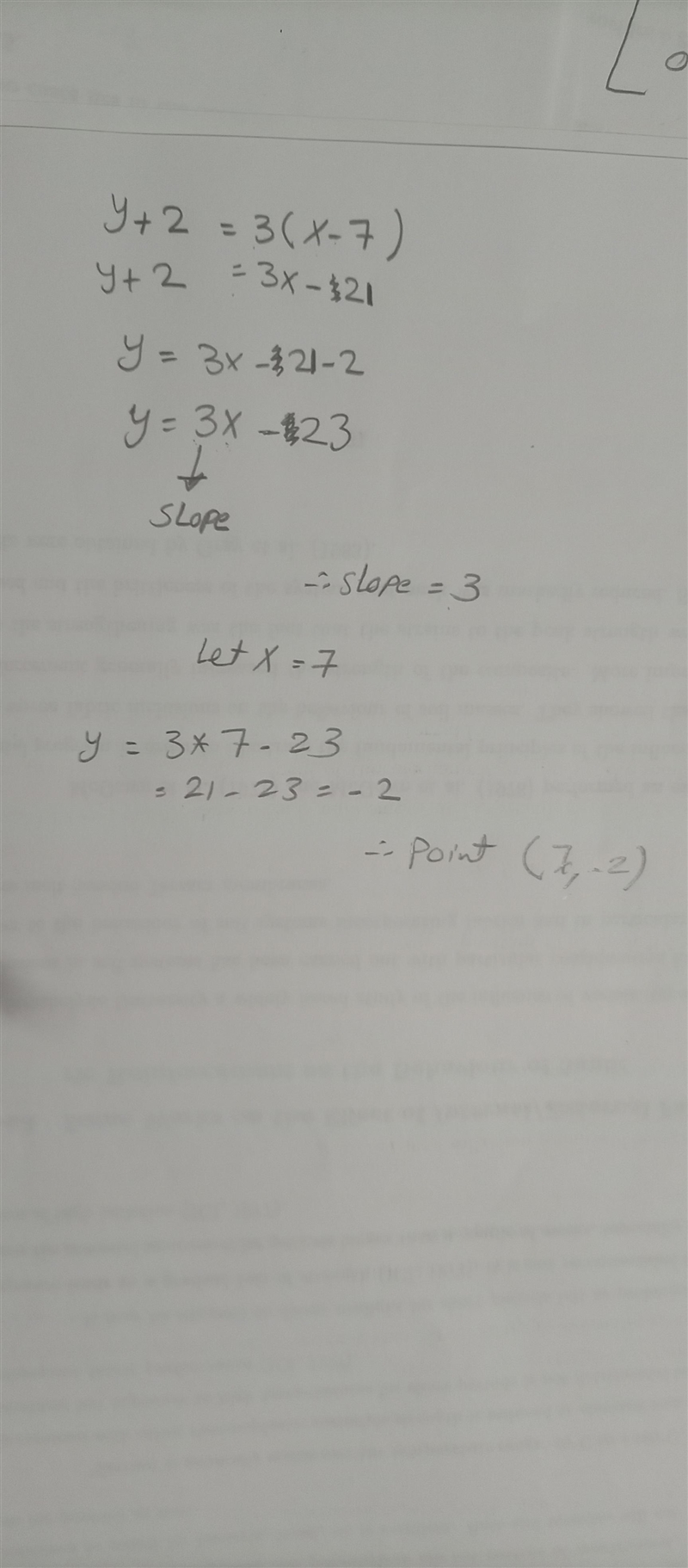 Give the slope of y+ 2 = 3(x-7) and a point on the line. A. The slope is 3 and (7.-2) is-example-1