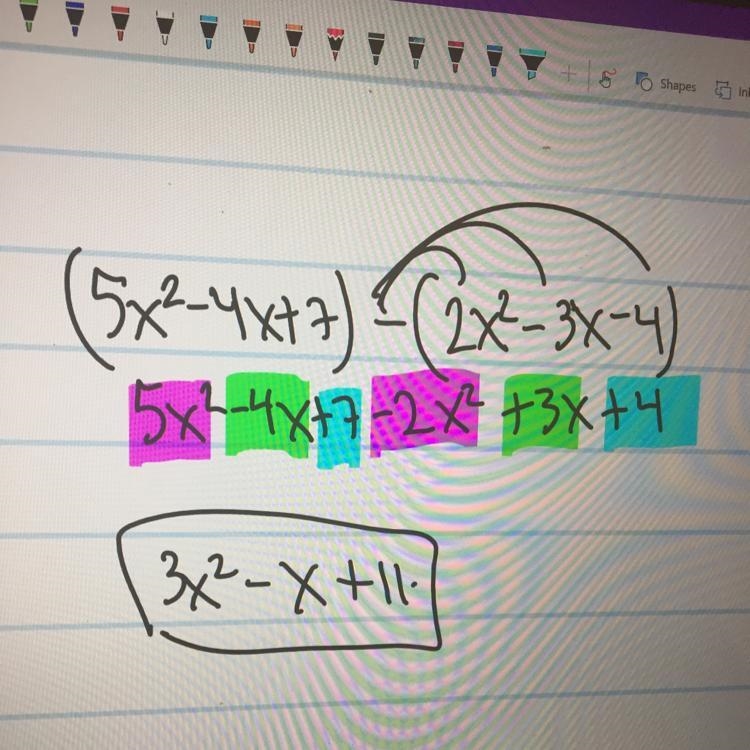 Simplify: (5x2 - 4x + 7) – (2x2 – 3x – 4) O 3x2 - 7x + 11 O3x2 - X + 11 O 3x2 + x-example-1