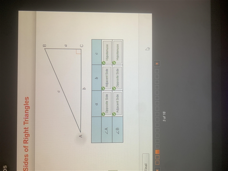 Complete the table to show the name of each side of the right triangle when you consider-example-1