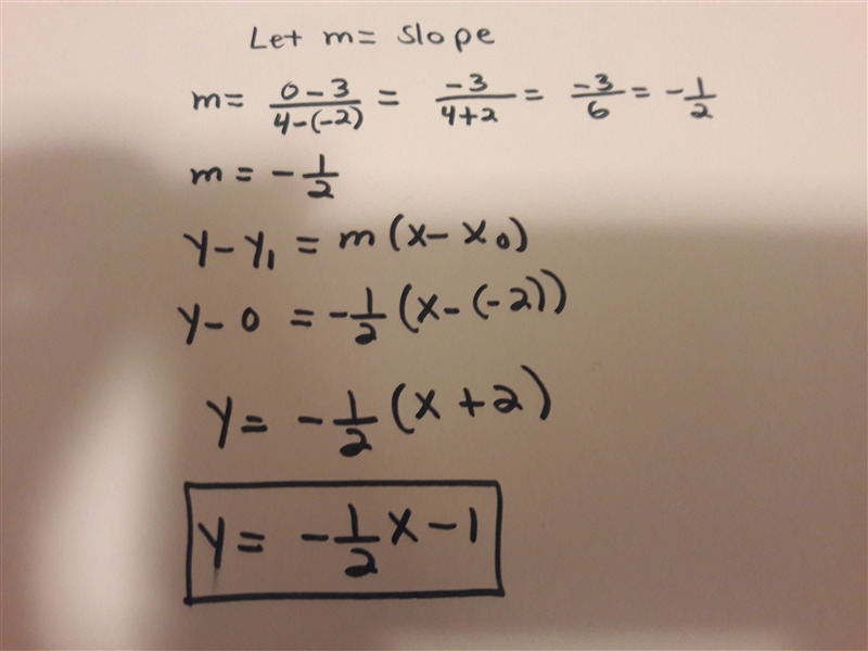 Find the equation of in the form y=mx+c of the line which passes through (-2,3) (4,0)-example-1