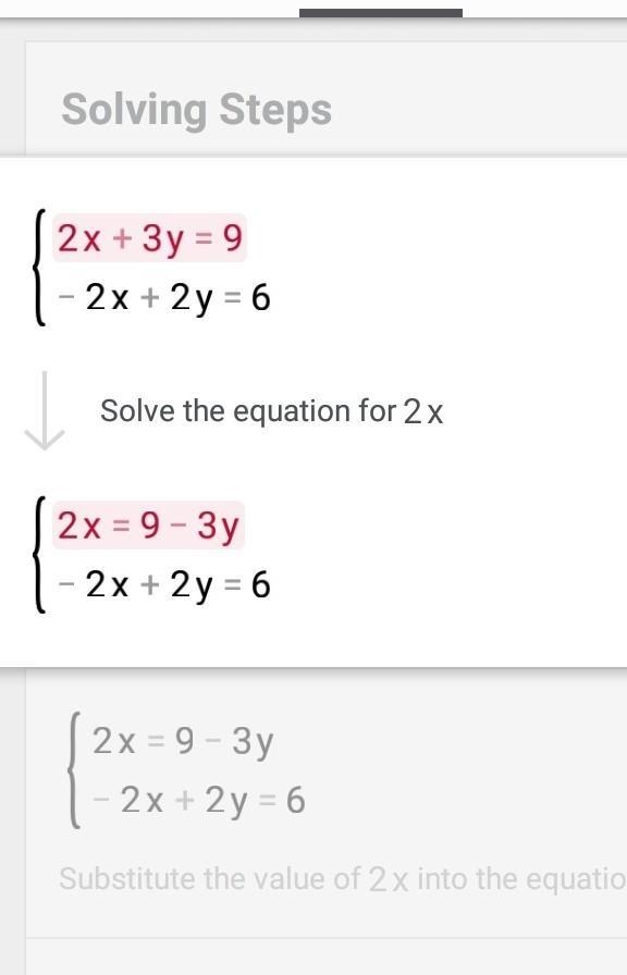 2x + 3y = 9 -2x + 2y = 6 The y-coordinate of the solution to the system shown is _____.-example-1