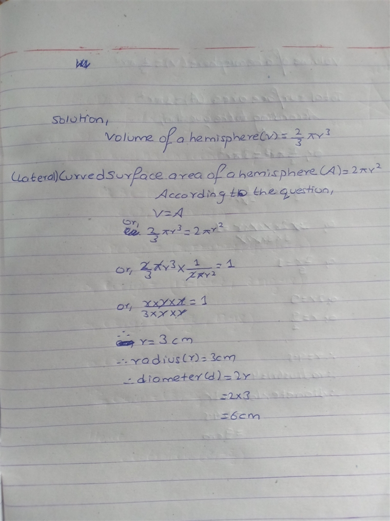 Volume and surface area of solid hemisphere are numerically equal what is the diameter-example-1