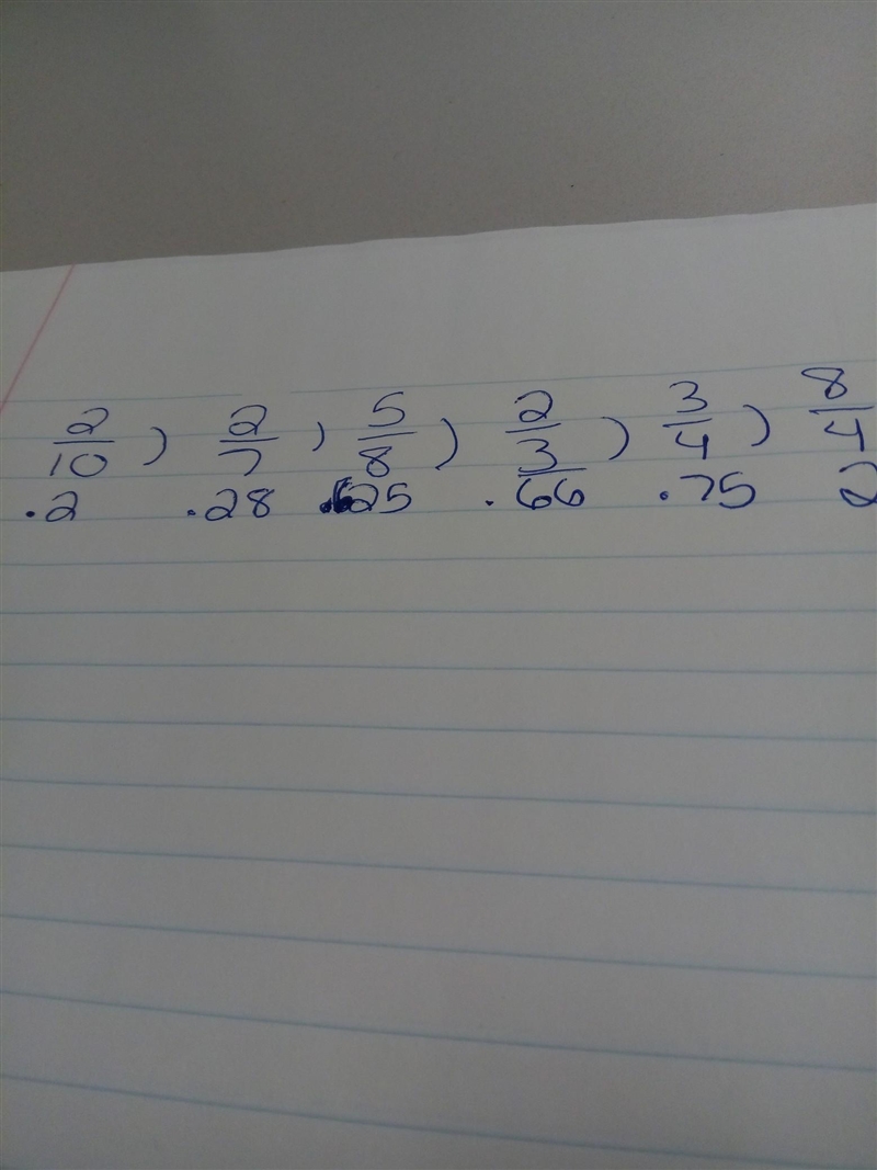 Put these fractions in order from smallest to greatest 3/4, 2/7, 2/10, 5/8, 2/3, 8/4-example-1