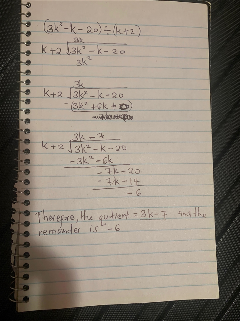 Emergencyyyy use a long division to find the following quotients: (3k^2 - k - 20) / (k-example-1