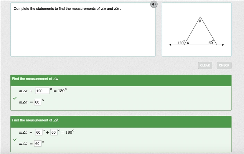 Complete the statements to find the measurements of ∠a and ∠b .-example-1