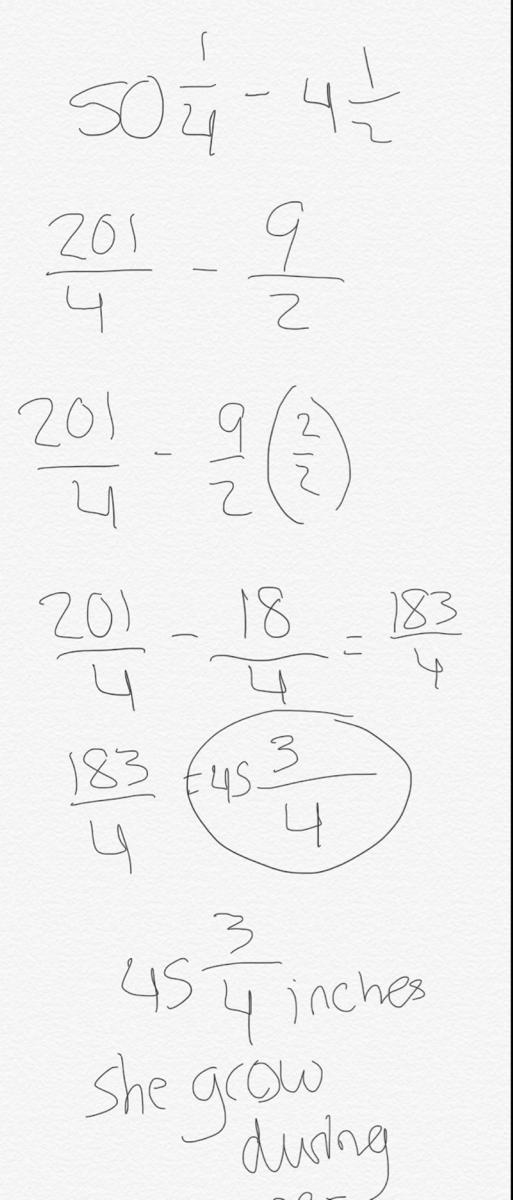 Sarah was 50 1/4 in tall and she was 12 years old she was 4 and 1/2 inches tall when-example-1