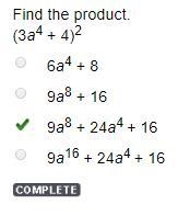 Find the product. (3a4 + 4)2 6a4 + 8 9a8 + 16 9a8 + 24a4 + 16 9a16 + 24a4 + 16-example-1