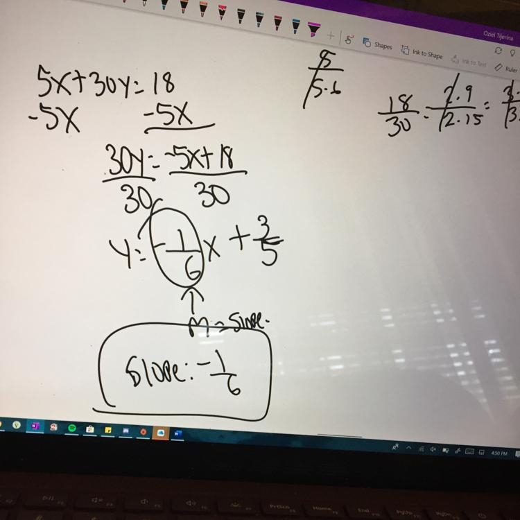 What is the slope of the equation, 5x + 30y = 18?-example-1