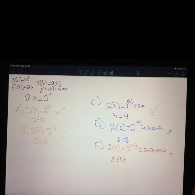 Given the system below: ƒ(x) = 2x g(x) = 2^x Which value(s) of x make ƒ(x) = g(x) a-example-1