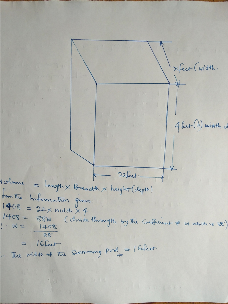 A rectangular swimming pool can hold 1,408 cubic feet of water. The pool is 22 feet-example-1