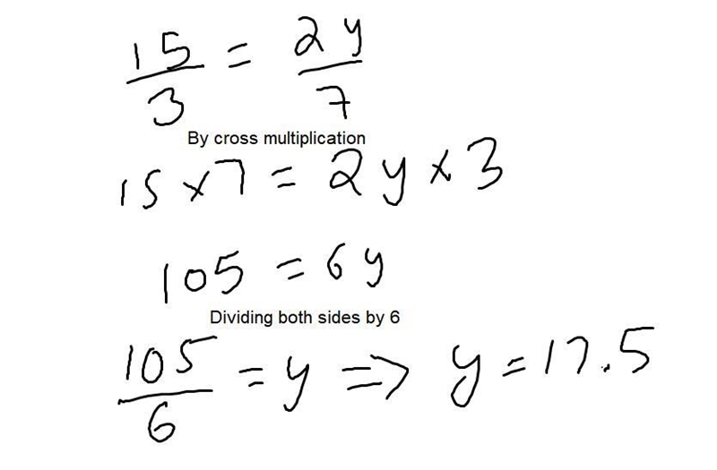 Is the portion 15 / 3 equals 2y / 7 what number is the y in the proportion-example-1