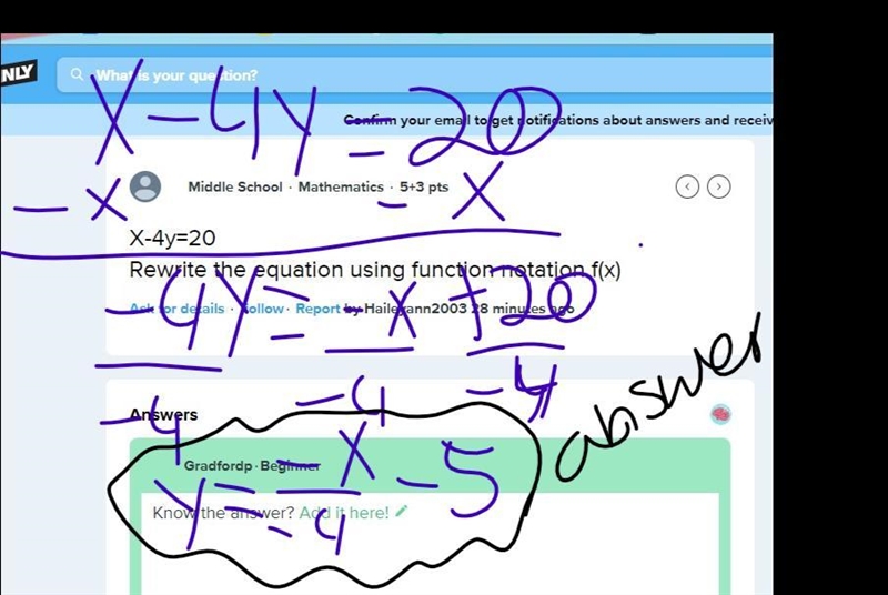 X-4y=20 Rewrite the equation using function notation f(x)-example-1