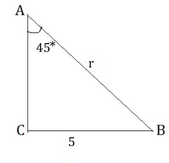 What is the value of r? Triangle A B C has right angle C with hypotenuse labeled r-example-1