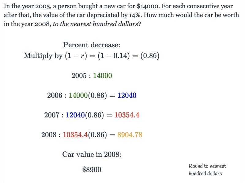 In the year 2005, a person bought a new car for $14000. For each consecutive year-example-1