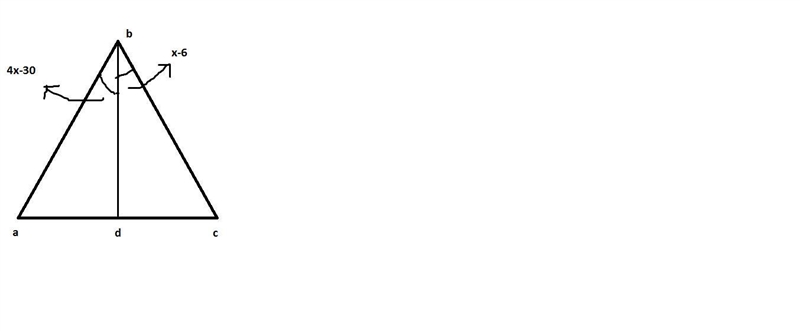 Find x if angle abd =4x-30 and angle cbd=x-6 if line bd bisects angle abc. Find angle-example-1